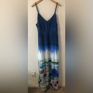 NWT Desigual Spaghetti Strap Maxi Boho Beachy Sundress Blue & White - Size 44